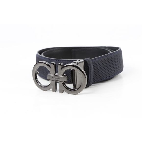 Salvatore Ferragamo Belt 120 Navy Blue Perforated Leather Gunmetal Gancini Luxe main image 5